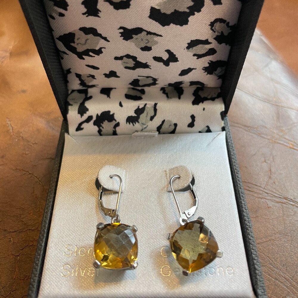 Women's Sterling Silver Dangling Earrings w/ Large Smokey Quartz Gemstones